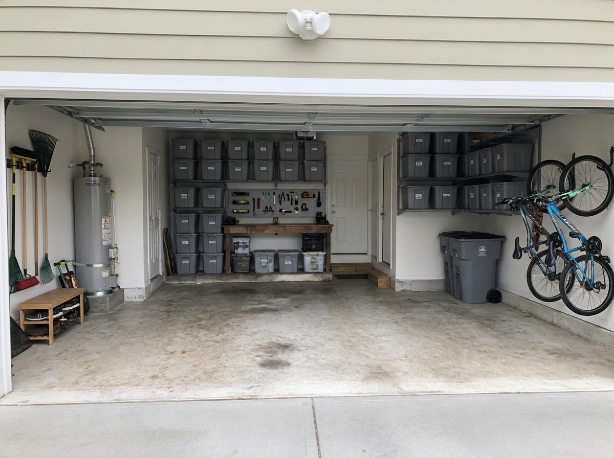 Garage organization in Raleigh NC — SUV parked inside a decluttered garage with labeled bins on shelving