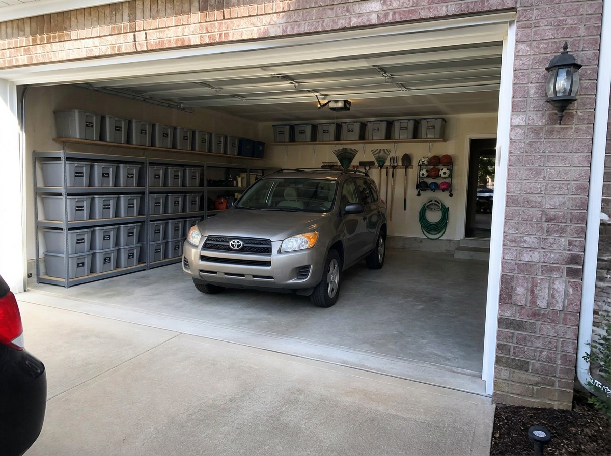 Garage cleanout and organization in Wake Forest · Three-car garage — before and after — after