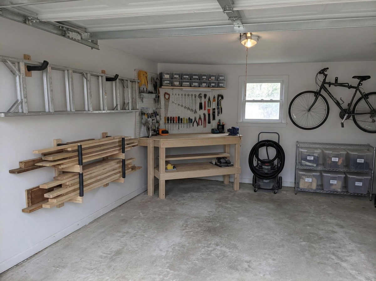 Garage cleanout and organization in Raleigh · Single-car garage + workshop — before and after — after